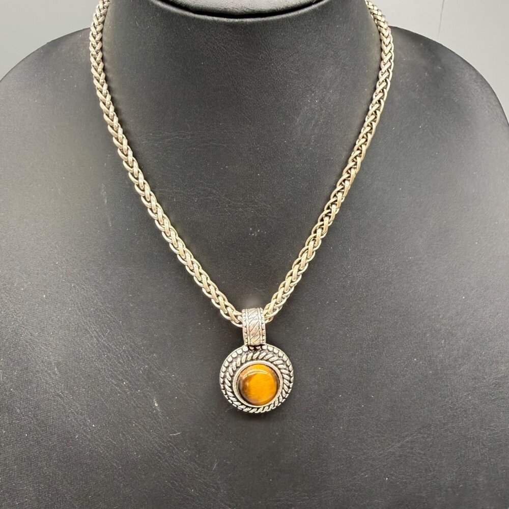 Premier Designs Silver Necklace With Tigers Eye Pendant 18-20" Adjustable Chain